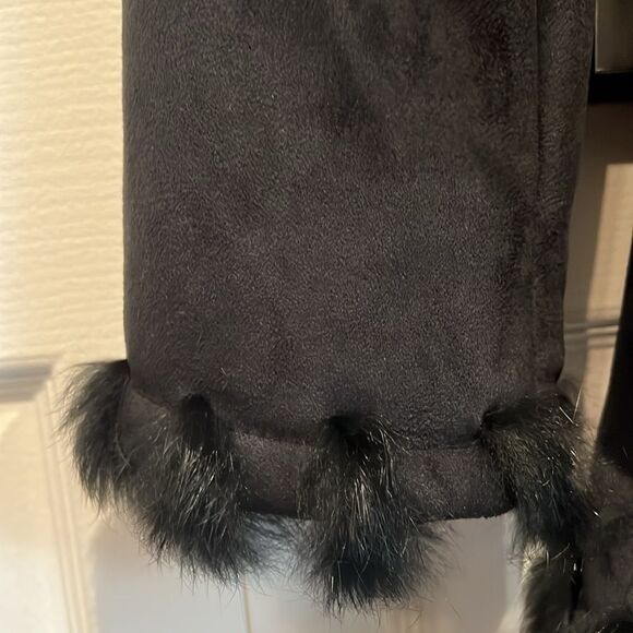 Jones New York Black Faux Suede‎ Real Rabbit Fur Trim Hooded Coat Size S - Picture 6 of 15